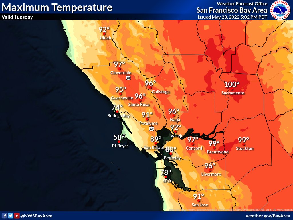 NWS Bay Area 🌉 on Twitter "The heat 🌡️ is on for Tuesday across interior portions of the Bay