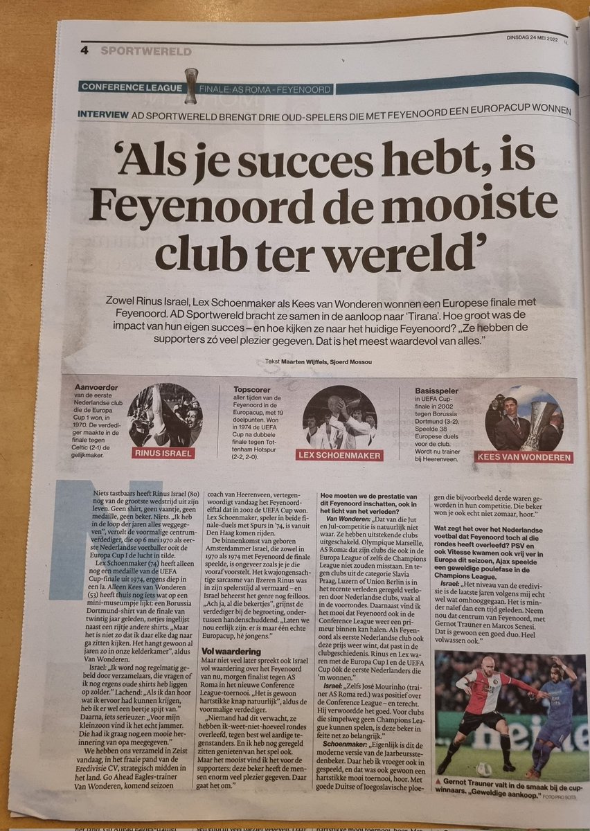 10Wvh's tweet photo. Mooi stuk weer over de finale in @ADSportwereld
3 #Feyenoord kanjer
#rinusisrael #lexschoenmaker #keesvanwonderen
@EuropaConLeague
@feyenoordsupnl
@fr12nl https://t.co/TCHgtSYLxp