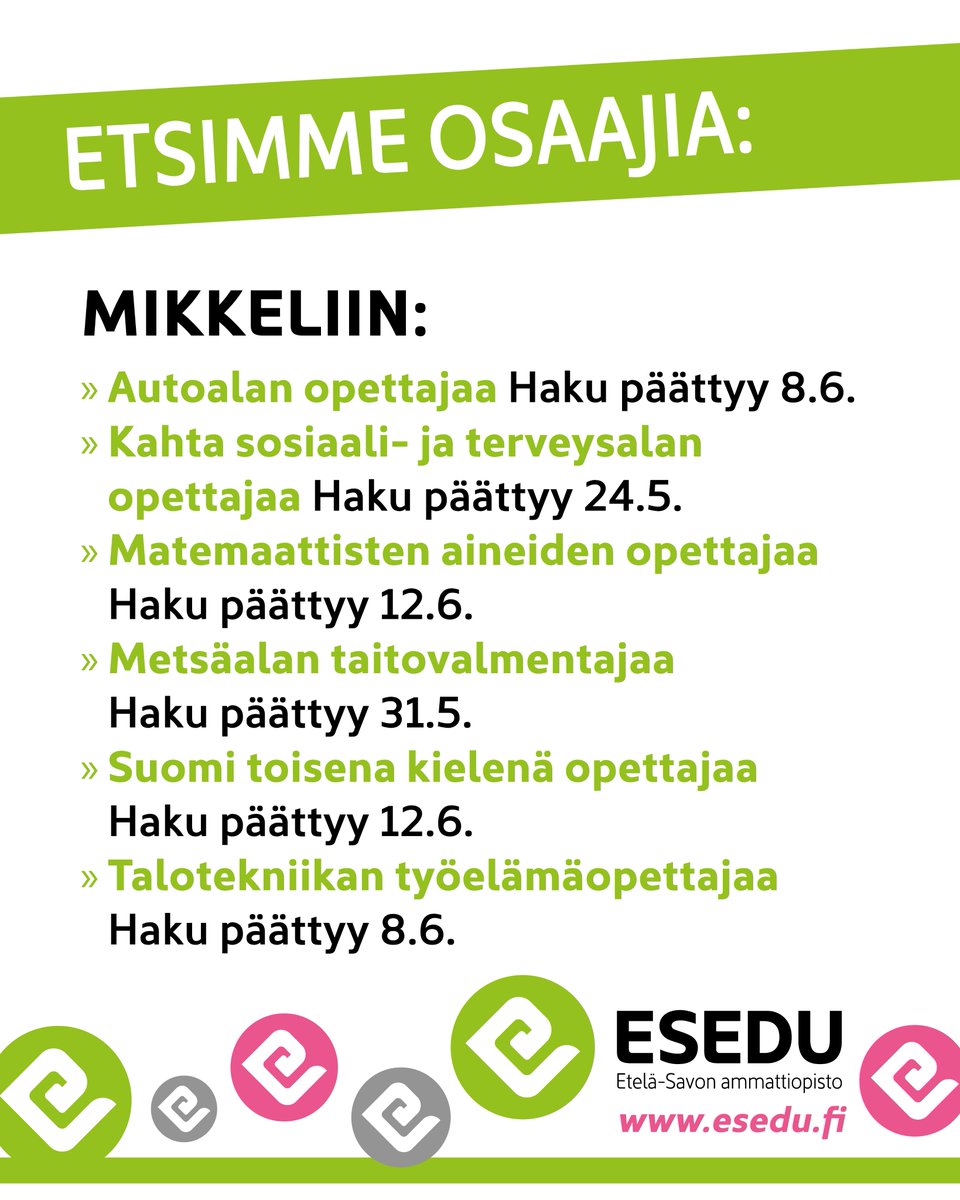 Etsimme osaajia Mikkeliin! Lisätietoja avoimista työpaikoista löydät verkkosivuiltamme: esedu.fi/tietoa-meista/… #esedu #mikkeli #rekrytointi #työpaikka #avointyöpaikka #opettaja #taitovalmentaja #ammatillinenkoulutus #rekry #avoimettyöpaikat
