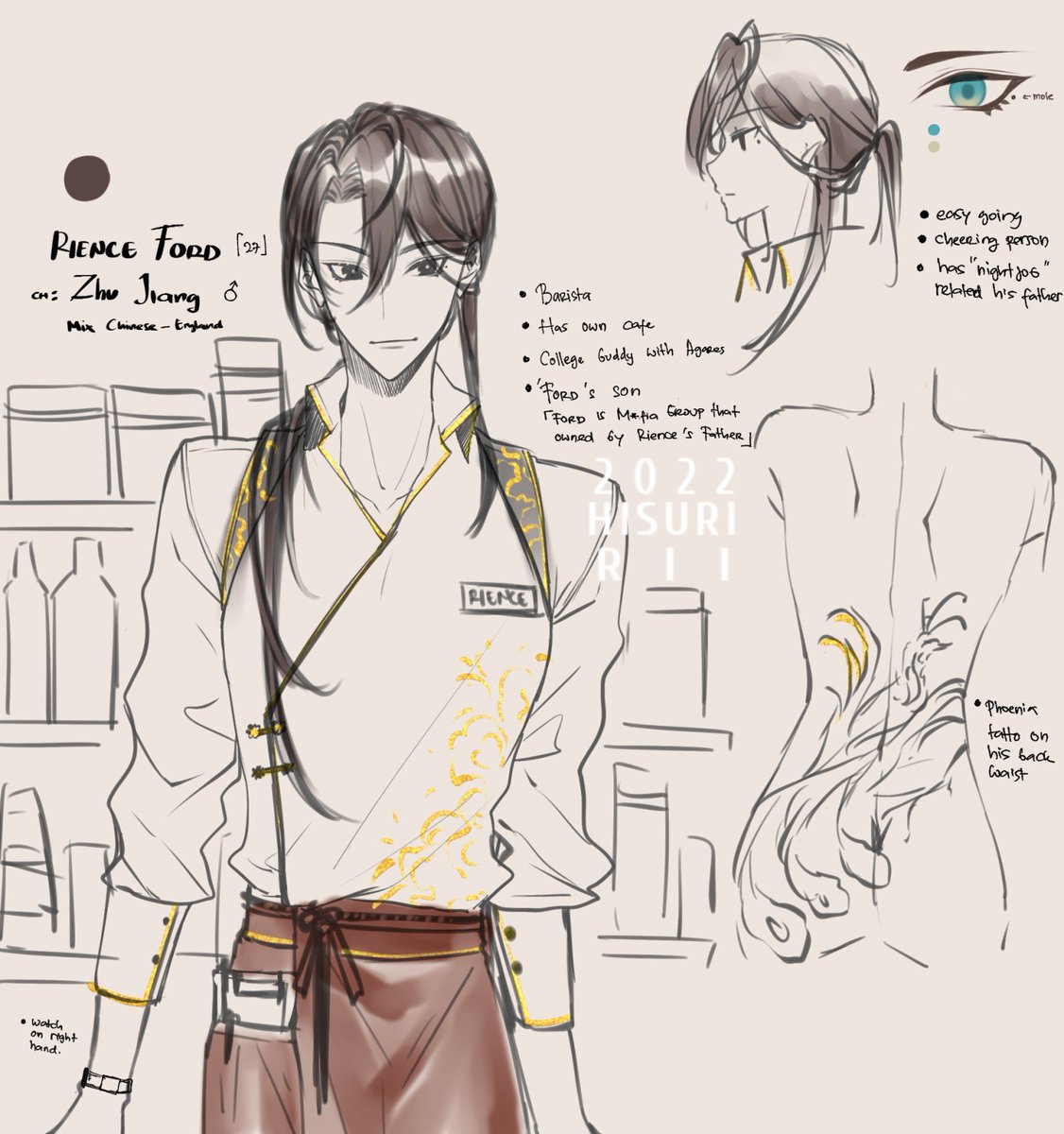 On my side;

Rience Ford (27)
Chinese name Zhu Jiang

He is a blaster, and his father is a leader of the great underground business. Rience is a barista during the day and he is also an assassin at the night. Fighting for the sake of expanding his father's "business" area every-- 