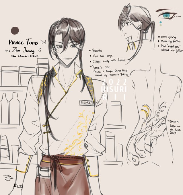 On my side;

Rience Ford (27)
Chinese name Zhu Jiang

He is a blaster, and his father is a leader of the great underground business. Rience is a barista during the day and he is also an assassin at the night. Fighting for the sake of expanding his father's "business" area every-- 
