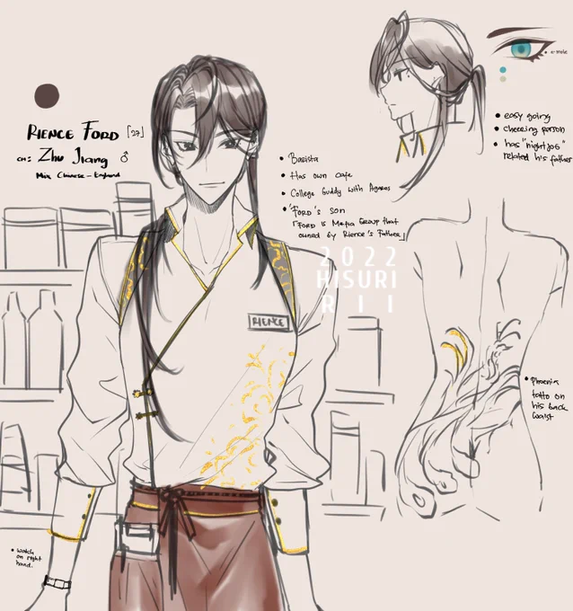On my side;

Rience Ford (27)
Chinese name Zhu Jiang

He is a blaster, and his father is a leader of the great underground business. Rience is a barista during the day and he is also an assassin at the night. Fighting for the sake of expanding his father's "business" area every-- 