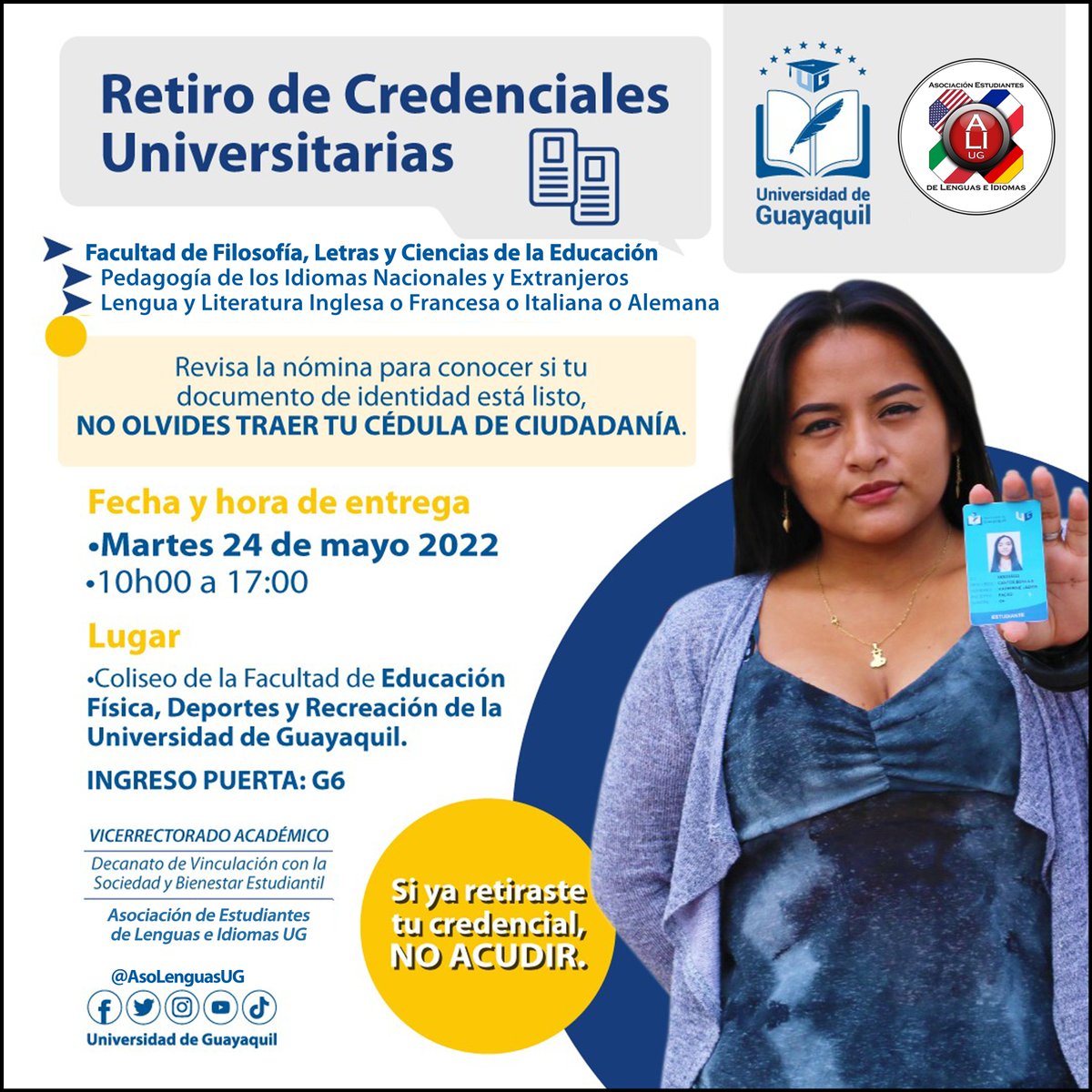 AsoLenguasUG's tweet photo. #CredencialesUG || Estudiantes de LYL-PIN pueden acercarse con su cédula al coliseo de FEDER (Puerta G6) a retirar su credencial 

Revisa la nómina en en la que aparece la Facultad de Filosofía haciendo clic en este enlace:
💻 https://t.co/58U90bEu1s

@AsoLenguasUG 🇺🇸🇫🇷🇮🇹🇩🇪 https://t.co/HPKVfqjncf