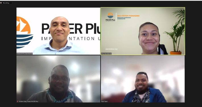 TuvaluTrade's tweet photo. Today our @PlusPacer officers #teamtrade Tristein Zutu & Paul Simeona joined a monthly catch-up with Head of PACER Plus Implementation Units #PPIU #PACERPlus Head of PPIU Mr Roy Lagolago & Executive Governance Coordinator Ms Ida Fuimaono. https://t.co/8WbRuWMHTX