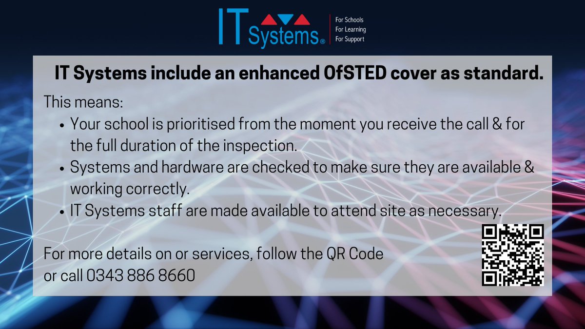ITSystems_ITS's tweet photo. What makes IT Systems' support different?
Enhanced @Ofstednews or other inspection cover as standard.
#SLTchat #sbmchat #SBM #ofsted #inspection #school #Academy #MAT #enhancedcover https://t.co/vufCaQ2MgK