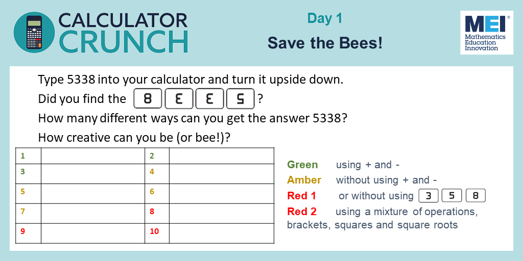 Welcome to Calculator Crunch 2022 🥳

Here's the puzzle for Day 1! It's time to bee creative! 🐝

Don't forget to let us know you're getting involved by using the hashtag #CalculatorCrunch