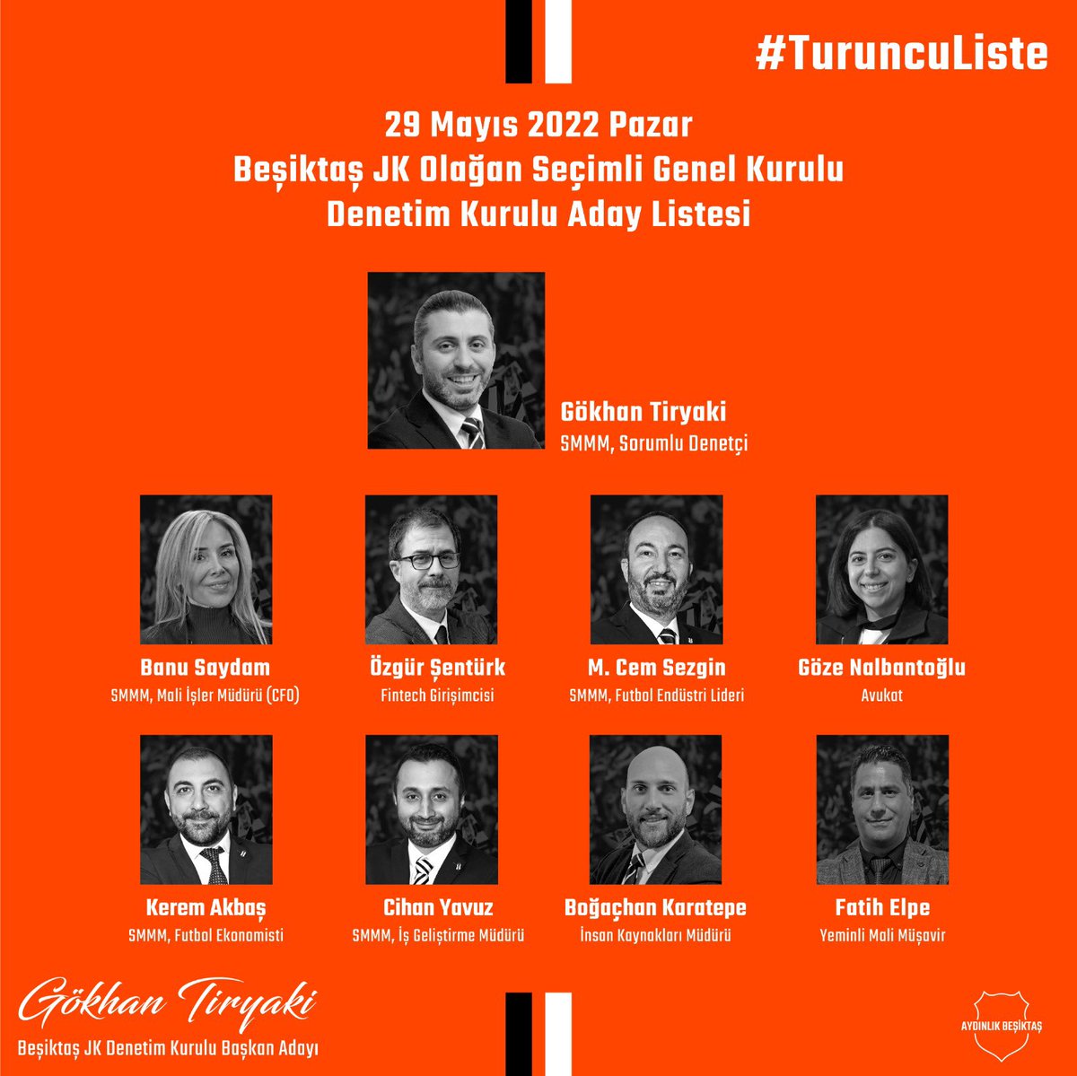Kişilerin ve menfaatin değil; Beşiktaş’ın ve sistemin merkezde olduğu bir denetim anlayışı ile Beşiktaş Jimnastik Kulübü Denetim Kurulu’na olarak adayız.

Gelecek için BJK Denetim Kurulu’nda #TuruncuListe 🟠

<a href="/AydinlikBJK/">Aydınlık Beşiktaş</a> 

Gökhan Tiryaki
Beşiktaş JK Denetim Kurulu Başkan Adayı