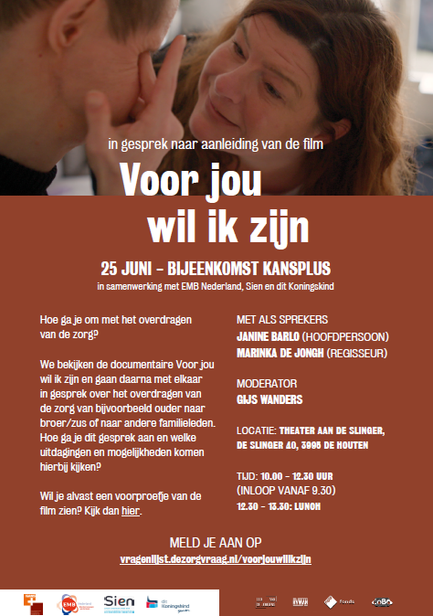 Ben je lid van KansPlus, EMB Nederland, Sien of dit Koningskind?
Kom dan op 25 juni naar de themabijeenkomst Voor jou wil ik zijn: hoe ga je om met het overdragen van zorg?
kansplus.nl/.../themabijee…