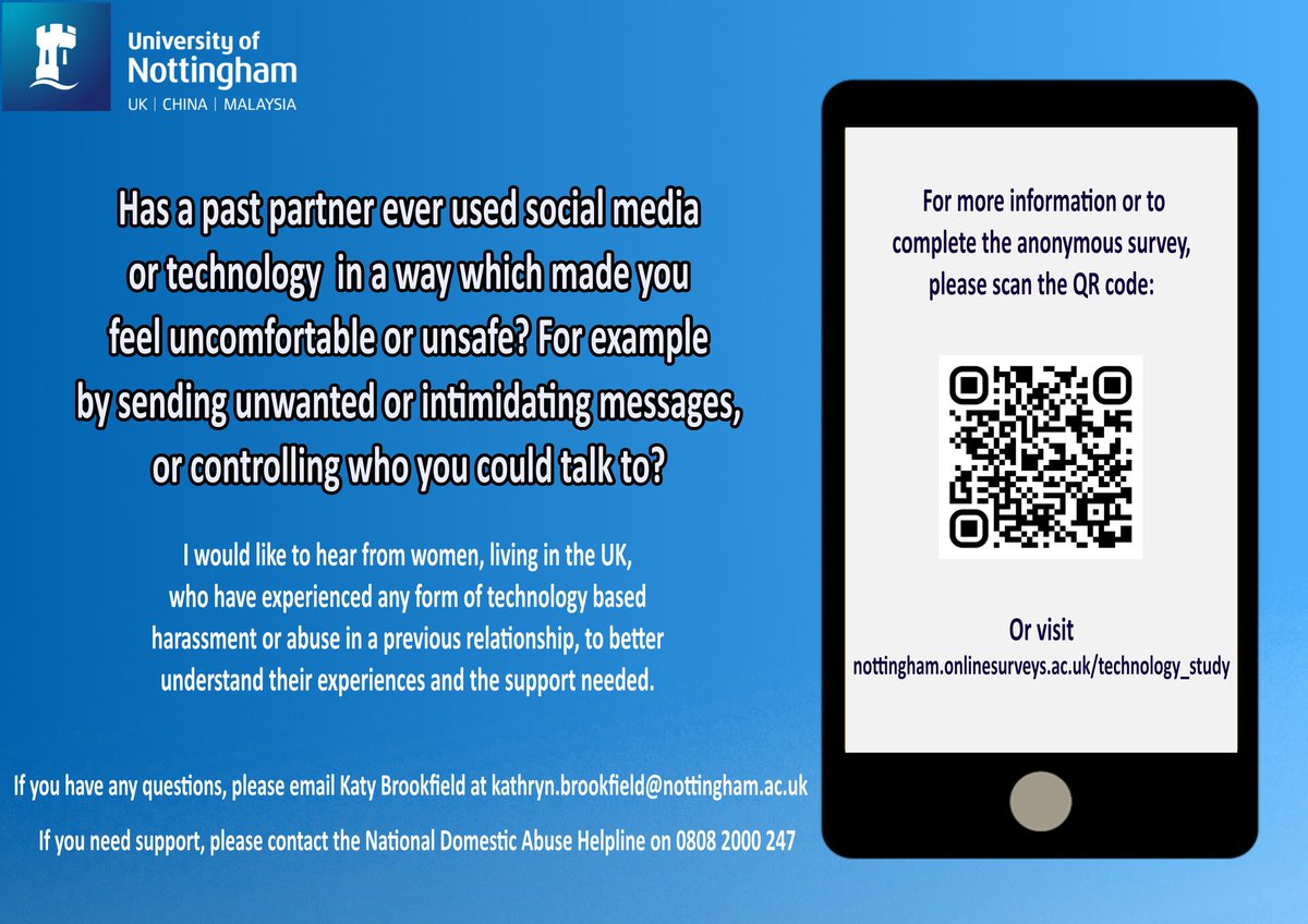 techabuse_study's tweet image. 🔊 Can you help? Please RT if possible 🔊

I&apos;m still hoping to hear from UK based women about their thoughts and experiences. Participation is completely anonymous and should take approximately 15 minutes. Thank you to everyone who has shared so far!

Link rb.gy/9fk2ak