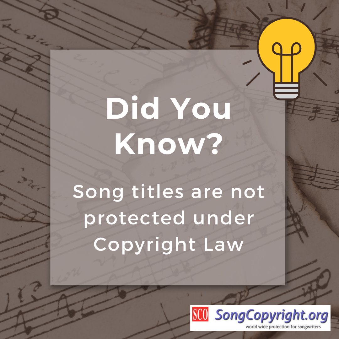 SongCopyright's tweet image. People often ask if song titles are copyright protected. The answer is no. Song titles are not protected under copyright law. There are many thousands of different songs that share exactly the same titles.

songcopyright.org/copyright-law