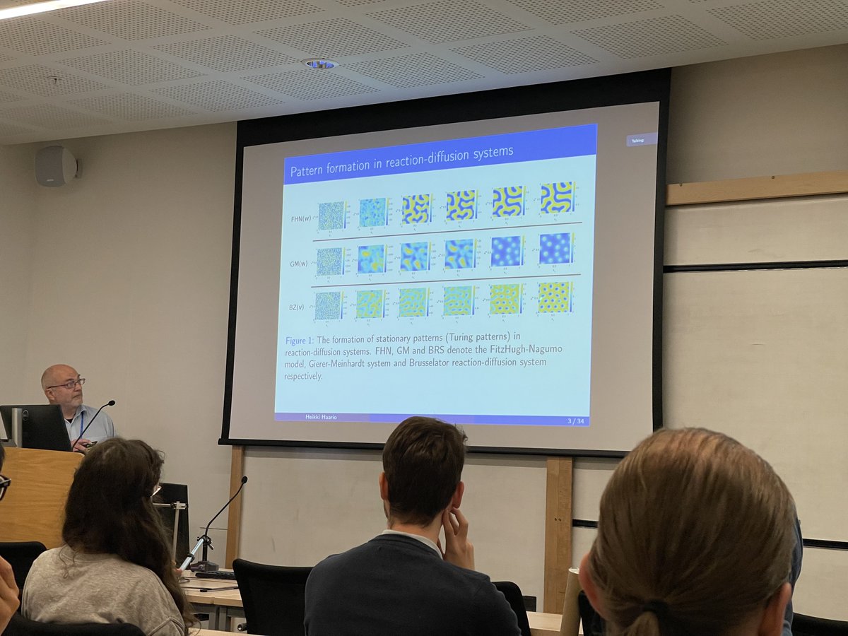 probablyLai's tweet photo. Listened to two great talks on using spatial features for model inferencing: Tom Thorne presented his work with @pauldwkirk on using topological features on inferencing an angiogenesis model. Heikki Haario talked about inferencing stationary pattern with Gaussian feature vectors https://t.co/eZUCdZCN5e