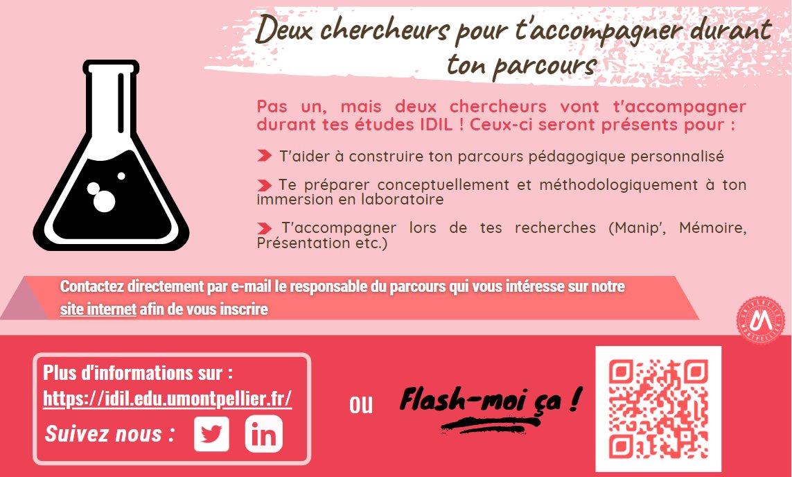 umontpellier's tweet photo. #IDILProgram ⚗ I  @IDILProgram Bientôt la fin des campagnes d’admissions 2022-23! Tout ce que vous devez savoir sur le nouveau programme gradué #IDIL @umontpellier Pourquoi ce programme est pédagogiquement innovant? Voici la réponse en 4 infographies: 
👉 https://t.co/pRhfBHjUPD https://t.co/rjiFF4o7FK