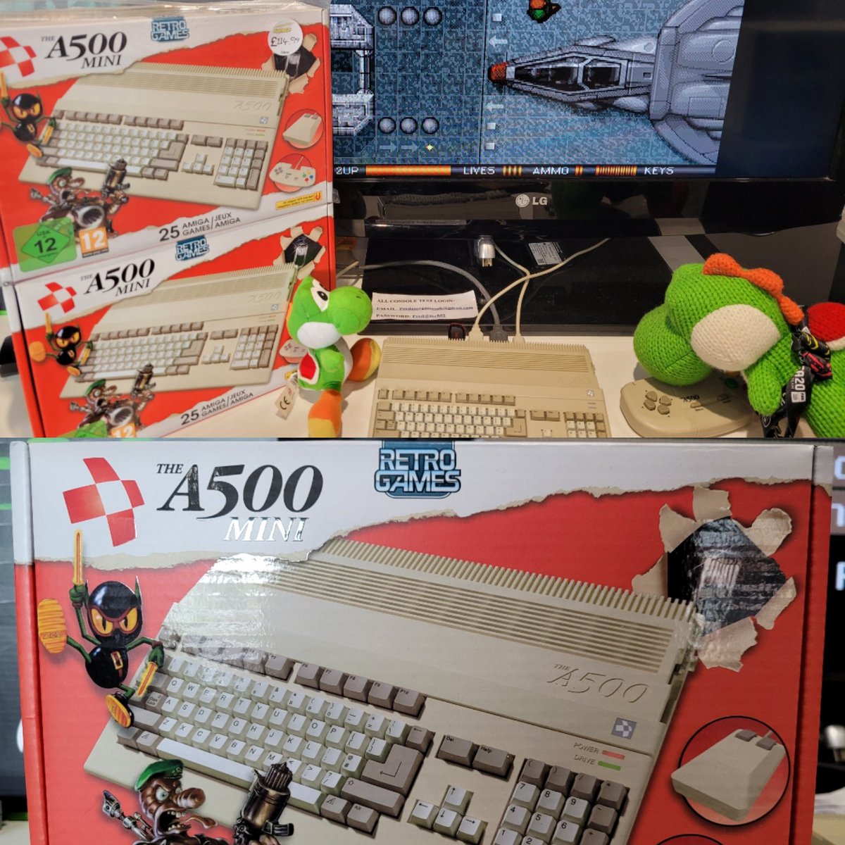 PredatorGamesU1's tweet photo. Yoshi is trying to educate Mini Yoshi about the History of Gaming. I think it's just an excuse to grab a few hours on Alien Breed on the A500 Mini. We have a brand new one instock now for £114.99. It includes 25 classic Amiga games ranging from Alien Breed to The Chaos Engine. https://t.co/V4UvDRBab9