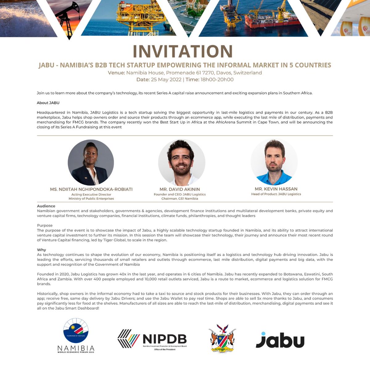 JabuLogistics's tweet photo. Jabu is proud to be one of the Namibian businesses participating in the World Economic Forum (WEF) in Davos, Switzerland this year! (1/3)
#Jabu #WeDeliverGoodLuck #WEF2022 #InvestNamibia #NamDavos22 #NamibiaWEF2022 https://t.co/8LCYWmmfYZ