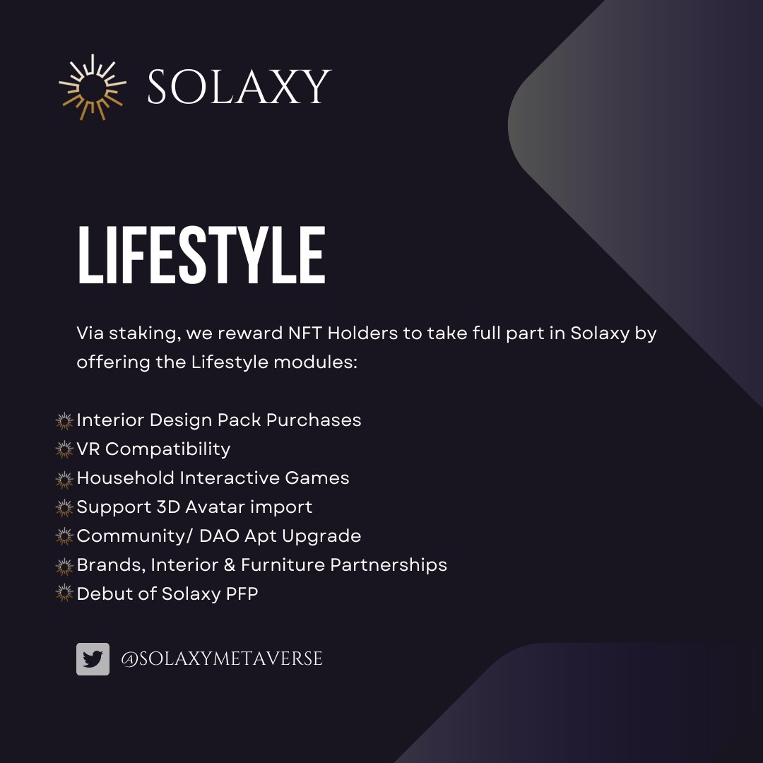 SolaxyMetaverse's tweet photo. ℹ️What's the plan for Phase II?

🔥Solaxy members always get rewarded! 

🛍️Phase II is all about staking and maximizing your lifestyle in our Metaverse. This includes the ability to purchase new designs, host games, invite members, upgrade, roam as your avatar, plus more! https://t.co/mRcU8rT8hq