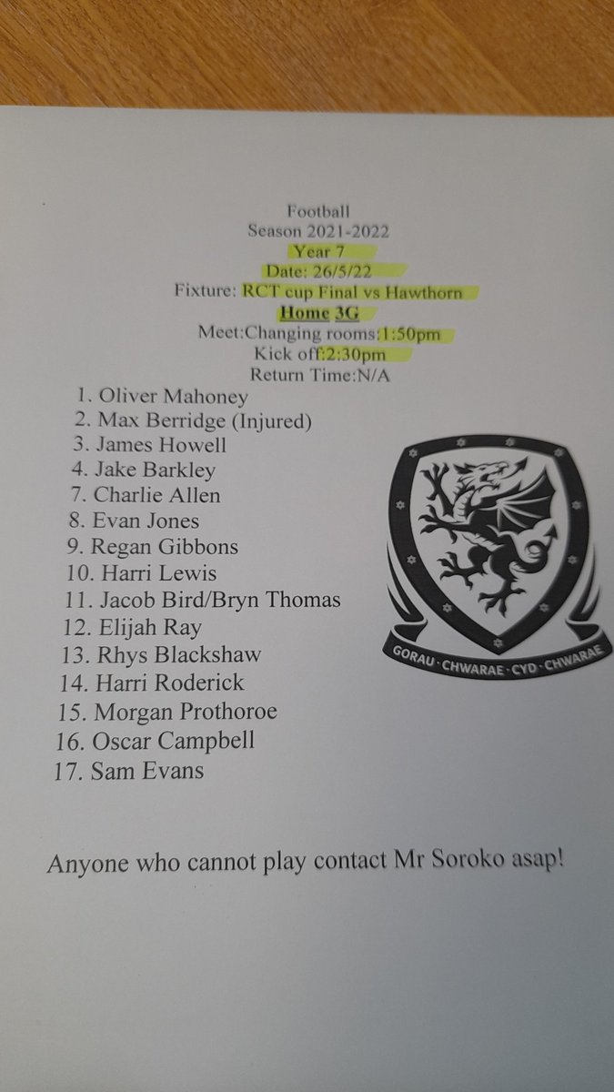 Yr 7 play their RCT plate final on Thursday 26th of May at 2:30pm KO against Hawthorn High School.

The player's selected on the following team sheet must meet at the changing room's for 1:50pm.

Shirts will only be provided. 

Please bring blue shorts, socks and shinpads. ⚽️