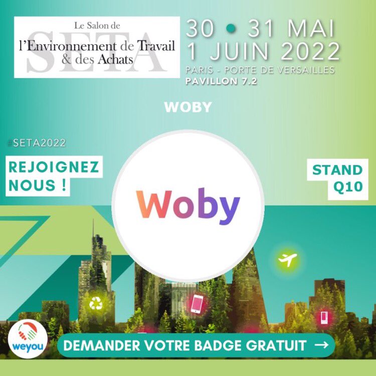 #JEUCONCOURS Tu es libre le 30, 31 mai &amp; 1er juin prochain et tu as envie de découvrir l'app Woby ? 📆
 
👋 Rejoins-nous au <a href="/TravailAchats/">Salon de l'Environnement de Travail & des Achats</a> en téléchargeant ton badge gratuitement ➡️ lnkd.in/egURRRqq 

#SETA2022 #AchatsTravail #Environnementdetravail