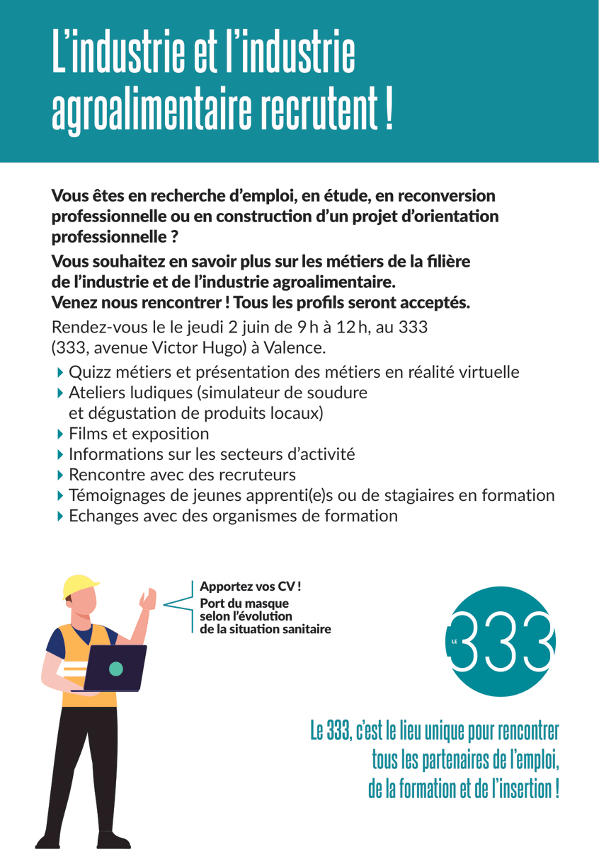mlatv_'s tweet photo. Les filières industrie et agroalimentaire recrutent ! 🏭👷‍♀️

📅 Jeudi 02 Juin 2022 

🕐 De 9h00-12h00

📍 Dans les locaux du 333 - 333 Avenue Victor Hugo 26000 Valence

#mlatv #missionlocale  #drome #poleemploi #recrutement #evenement333 https://t.co/8sXdEKEDPr