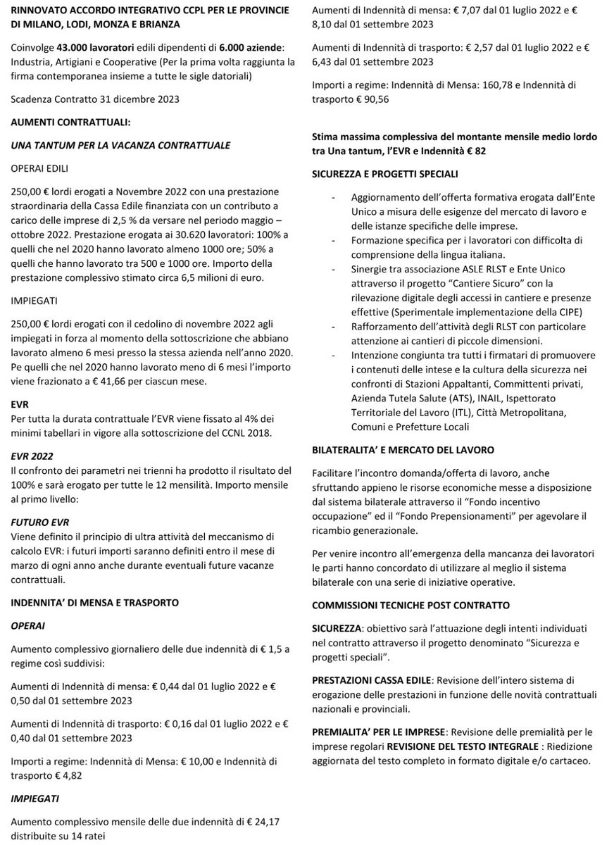 Rinnovato il CCPL Edilizia Industria, Artigiani e Coop per le provincie di Milano, Lodi, Monza e Brianza. Oltre 82€ di aumento medio mensile. Temi centrali Sicurezza, Regolarità, Sistema Bilaterale e Mercato del Lavoro. <a href="/FilcaCisl/">Filca Cisl Nazionale</a> #EsserciPerCostruireIlCambiamento