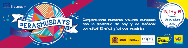 #ErasmusDays 13, 14 y 15 de octubre 2022.

Registra tu evento👉 erasmusdays.eu

Esta edición, en línea con el Año Europeo de la Juventud, resaltará el tema “Compartiendo nuestros valores europeos con la juventud de hoy y de mañana: por estos 35 años y los que vendrán”.