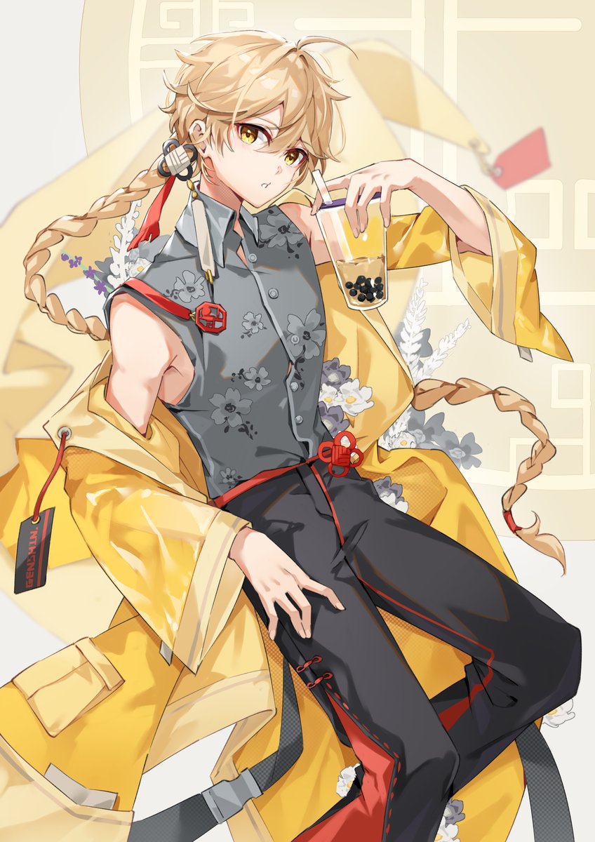 aether (genshin impact) 1boy blonde hair male focus braid bubble tea yellow eyes long hair  illustration images