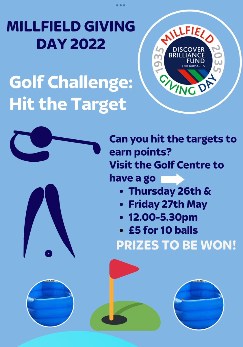 Help us to raise some money for the Millfield Giving Day - come along to the golf centre and have a go at ‘Hit the Target’ golf challenge - no experience needed but great fun! <a href="/MillfieldSenior/">Millfield School</a> <a href="/MillfieldSport/">MillfieldSport</a>