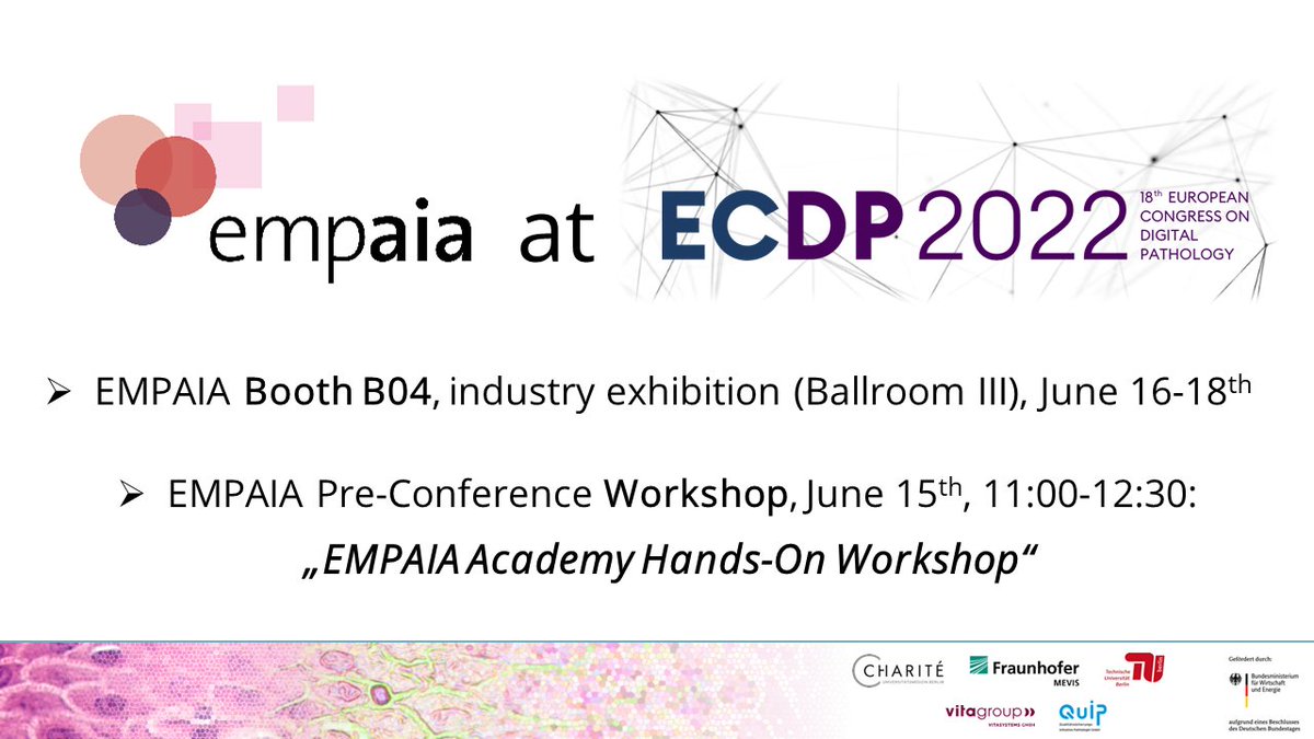 TheEMPAIA's tweet image. Meet @TheEMPAIA at booth B04 at #ECDP2022 in Berlin from June 16th-18th. #Ecosystem for #Pathology #Diagnostics with #AI Assistance | #DigitalPathology #ComputationalPathology #ArtificialIntelligence #EMPAIA