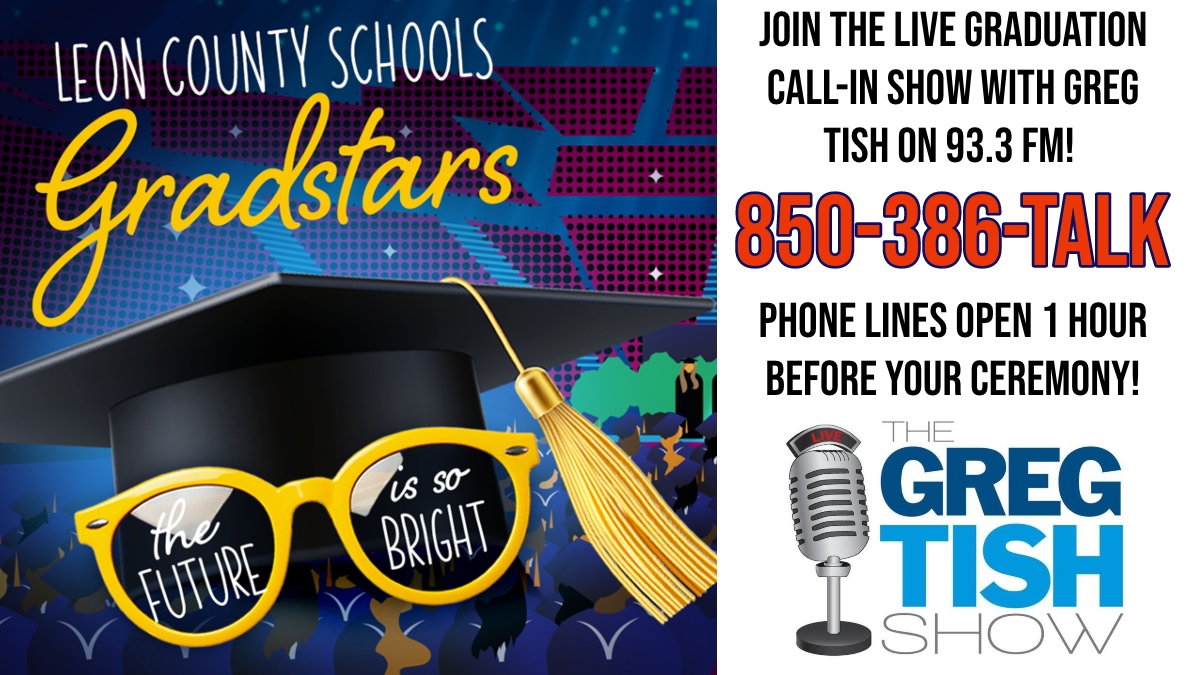 LeonSchools's tweet photo. The @gregtishshow #graduation call-in show is BACK for the third year in a row 🤩... Call-in your #conGRADulations 👏🎓 to your #lcs #gradstar. 📳850-386-TALK. First up is #leonhighschool. Show your lion #pride! 🦁 https://t.co/Fk07k58I7p