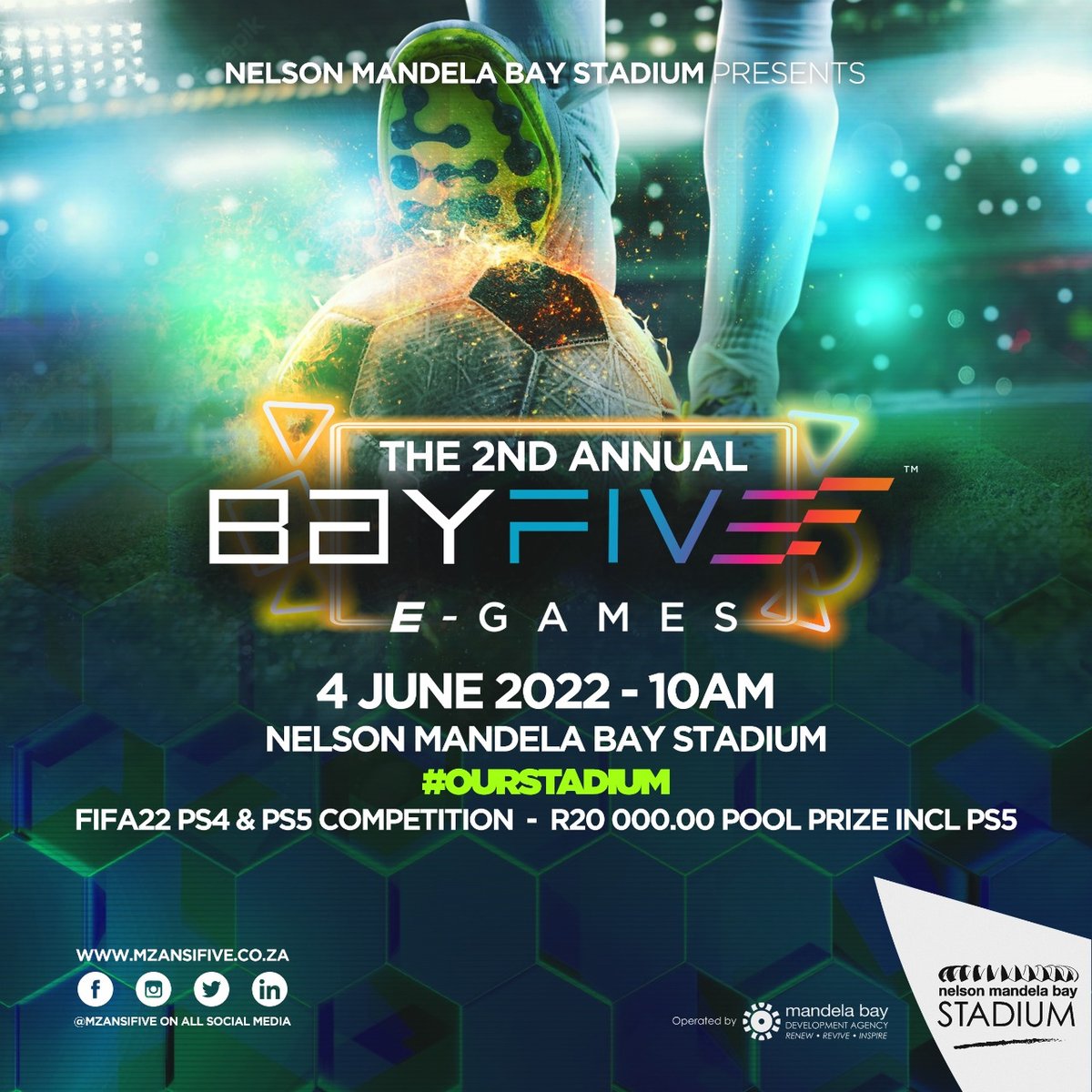 MzansiFive's tweet photo. The 2nd Annual #BayFive is back on the 4th of June at the @NMBstadium, are you the next champion? Calling all #Gqeberha #FIFA22 gamers to register here: https://t.co/GKSP6qxfYx
R20000.00 prize pool and #PS5 to be won! #OurStadium #Gqeberha https://t.co/7RsETj5xXM