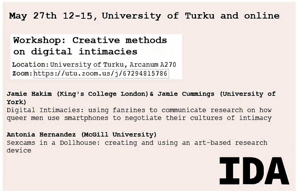 Intimacy in Data-Driven Culture (@in_driven) on Twitter photo Join us this Friday to discuss creative methods in doing and communicating research! utu.zoom.us/j/67294815786!
<a href="/in_driven/">Intimacy in Data-Driven Culture</a> <a href="/Akatemia_STN/">Strateginen tutkimus</a> <a href="/hakimjamie/">Jamie Hakim</a> @cordltx <a href="/James_Cummings/">James Cummings</a> Join us this Friday to discuss creative methods in doing and communicating research! utu.zoom.us/j/67294815786!
<a href="/in_driven/">Intimacy in Data-Driven Culture</a> <a href="/Akatemia_STN/">Strateginen tutkimus</a> <a href="/hakimjamie/">Jamie Hakim</a> @cordltx <a href="/James_Cummings/">James Cummings</a>