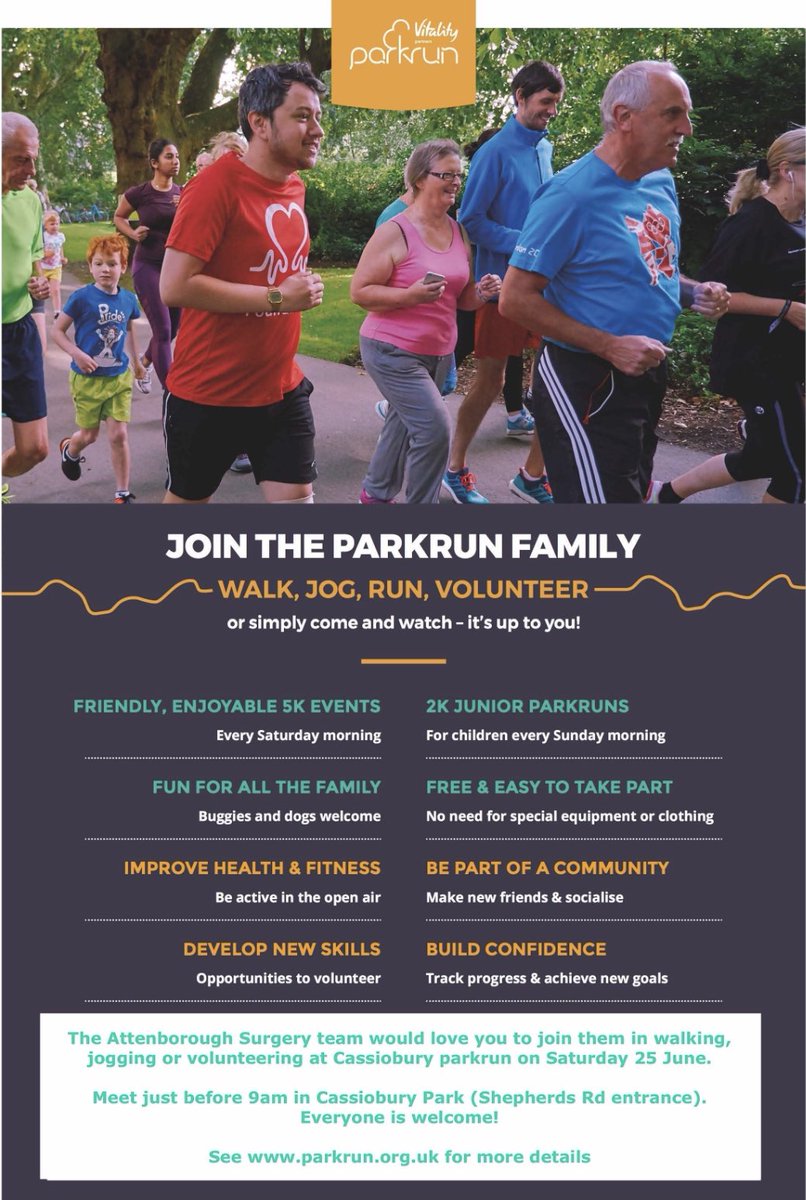Join <a href="/AttenboroughGP/">Attenborough Surgery</a> for a special parkrun on Saturday the 25th June. 

Our staff &amp; patients will be there to raise awareness of how exercise can positively impact your mental health. 

Why not join us to run,walk or simply volunteer. 

Details below👇

<a href="/cassioparkrun/">Cassiobury parkrun</a> <a href="/parkrunUK/">parkrun UK</a>