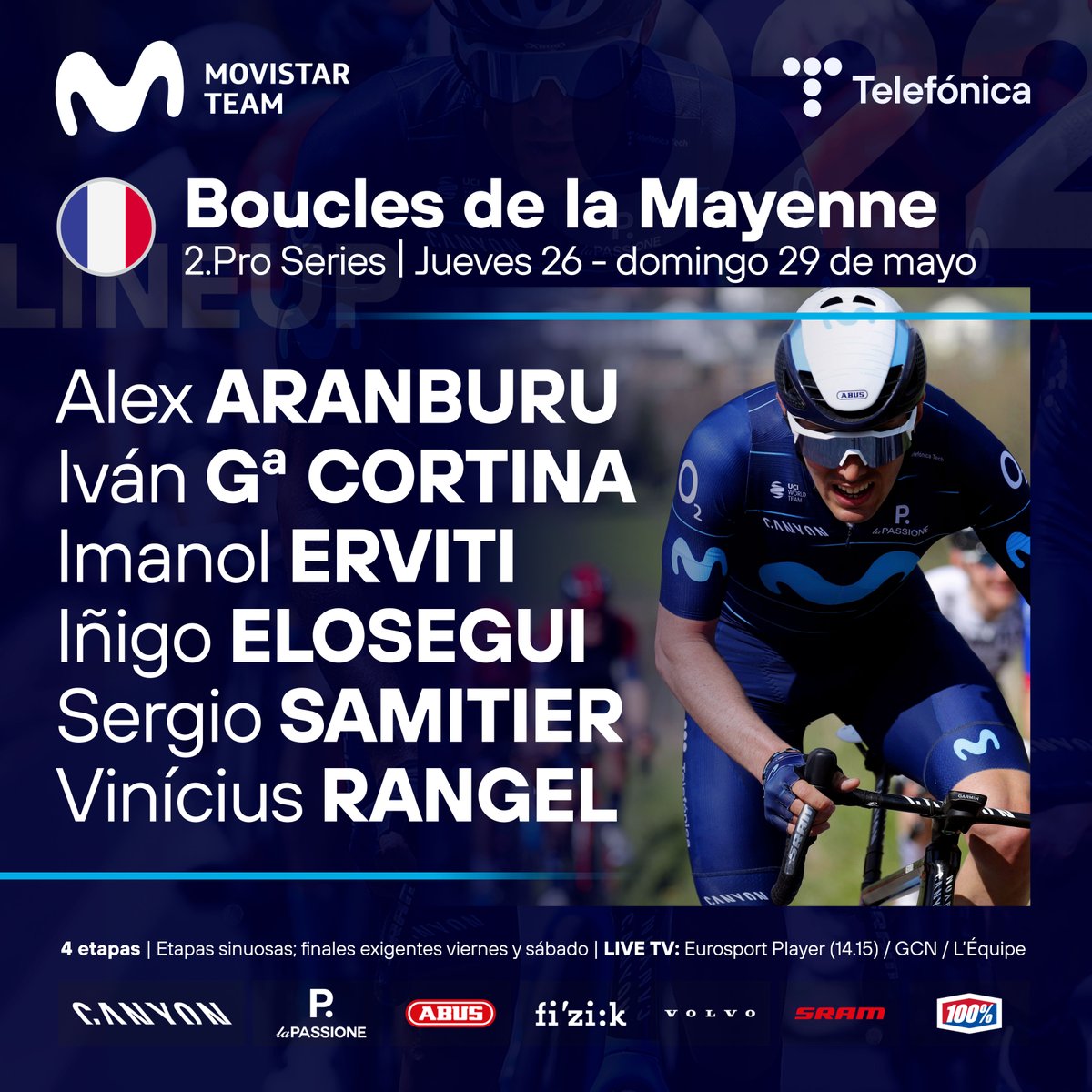 Movistar_Team's tweet photo. 🚐🇫🇷 Nuestro calendario previo al #TDF2022 en Francia arranca este jueves con los @boucles53 > https://t.co/E7Xw9eEATT
🤗 Felices de volver a tener en carrera a @SergioSamitier, tras su caída en el #Giro. Con él, @aranburualex @ivan_cortina @ImanolErviti Rangel e @ini_elosegui. https://t.co/DGwuRRn1V1