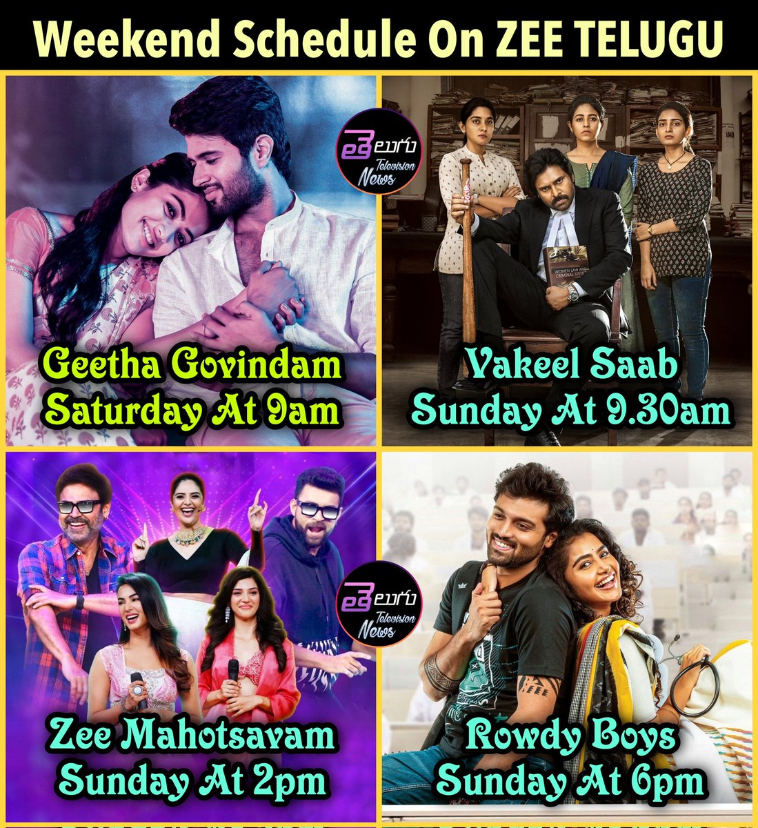 Weekend Schedule On #ZeeTelugu

Saturday
9am:- #GeethaGovindam

Sunday
9.30am:- #VakeelSaab 
2pm:- #ZeeMahotsavam 
6pm:- #RowdyBoys

#VijayDeverakonda #RashmikaMandanna #PawanKalyan #Nivethathomas #Ashish #AnupamaParameshwaran