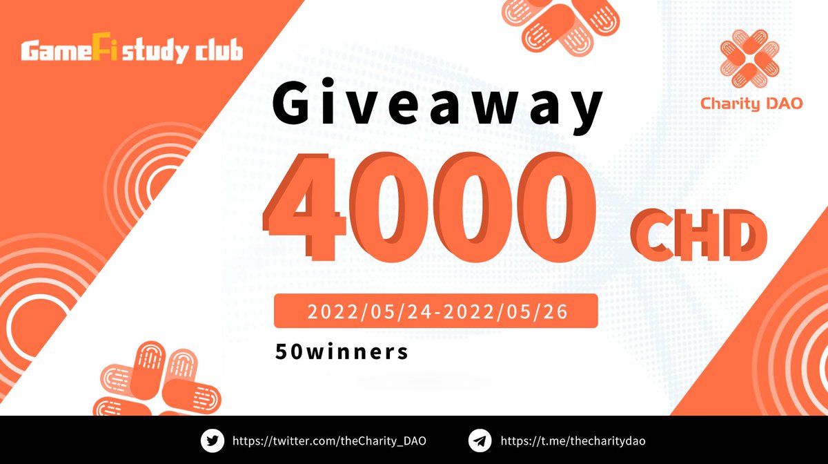 #Giveaway 
To join:
1⃣ Follow 
<a href="/theCharity_DAO/">CharityDAO</a> 
2⃣Join: t.me/thecharitydao
3⃣Leave your #BSC Wallet Address below.
🎁50 winners(each for 80 #CHD)
⏰May 24th-May 26th

Good Luck!
#Giveaway #GameFi #P2E #Airdrops