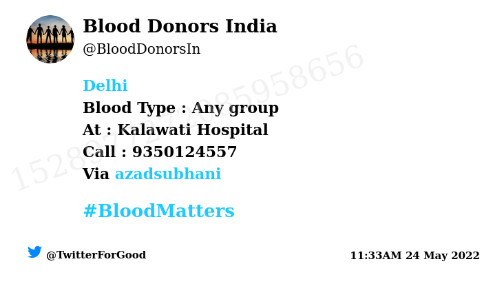 Blood Donors India (@blooddonorsin) on Twitter photo #SOS
#Delhi
Need #Blood Type : Any group
Blood Component : Blood
Number of Units : 3
Primary Number : 9350124557
Patient : Naved Shah
Via: <a href="/azadsubhani/">Azad Subhani</a>
#BloodMatters
Powered by Twitter #SOS
#Delhi
Need #Blood Type : Any group
Blood Component : Blood
Number of Units : 3
Primary Number : 9350124557
Patient : Naved Shah
Via: <a href="/azadsubhani/">Azad Subhani</a>
#BloodMatters
Powered by Twitter