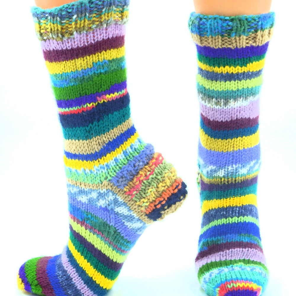 Rainbow long socks Wool scrappy socks Knit funny socks women
