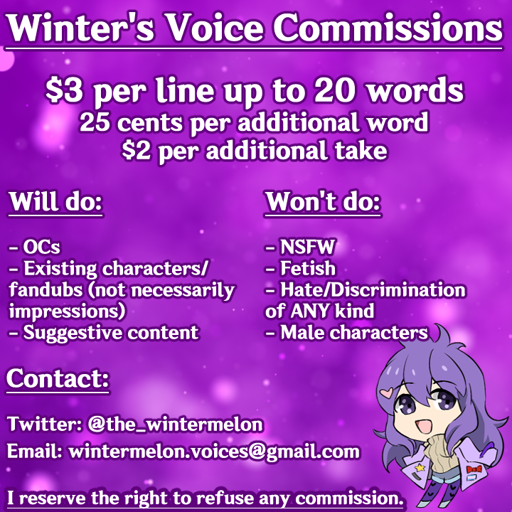 the_wintermelon's tweet photo. ✨ Voice commissions are OPEN! ✨

DM me or email if interested!

#voicecommissions #voiceacting #commissionsopen #commissions https://t.co/XasL0oYbAj