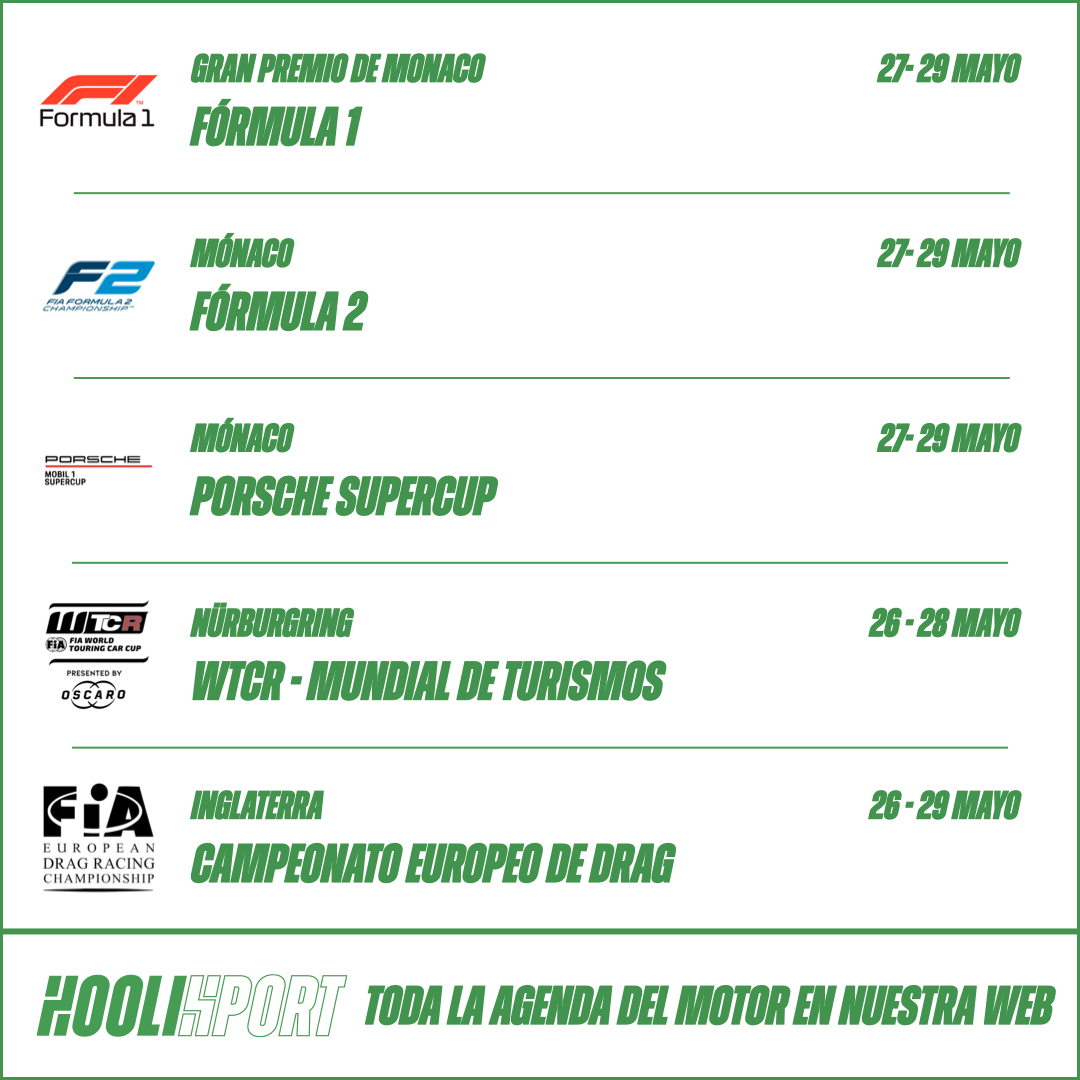 Hoolisport's tweet photo. 🏎🏁SEMANA DE AUTOMOVILISMO 23-29 MAYO

#F1 #MonacoGP #F2 #PorscheSupercup #WTCR #DragRacing #INDY #Indy500 #IndyPro2000 #USF2000 #NASCAR #NascarCup #NascarXfinity #NascarTruck #SCER #CERT #RallyPozoblanco #CEK #Chiva #RacingWeekend #F4Spain #CET #TCRSpain https://t.co/Gc7tGJnbcH