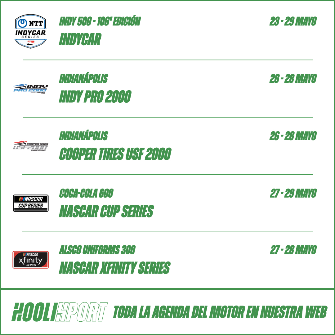 Hoolisport's tweet photo. 🏎🏁SEMANA DE AUTOMOVILISMO 23-29 MAYO

#F1 #MonacoGP #F2 #PorscheSupercup #WTCR #DragRacing #INDY #Indy500 #IndyPro2000 #USF2000 #NASCAR #NascarCup #NascarXfinity #NascarTruck #SCER #CERT #RallyPozoblanco #CEK #Chiva #RacingWeekend #F4Spain #CET #TCRSpain https://t.co/Gc7tGJnbcH