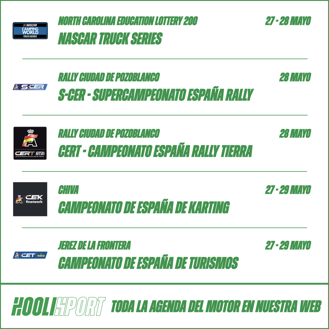 Hoolisport's tweet photo. 🏎🏁SEMANA DE AUTOMOVILISMO 23-29 MAYO

#F1 #MonacoGP #F2 #PorscheSupercup #WTCR #DragRacing #INDY #Indy500 #IndyPro2000 #USF2000 #NASCAR #NascarCup #NascarXfinity #NascarTruck #SCER #CERT #RallyPozoblanco #CEK #Chiva #RacingWeekend #F4Spain #CET #TCRSpain https://t.co/Gc7tGJnbcH