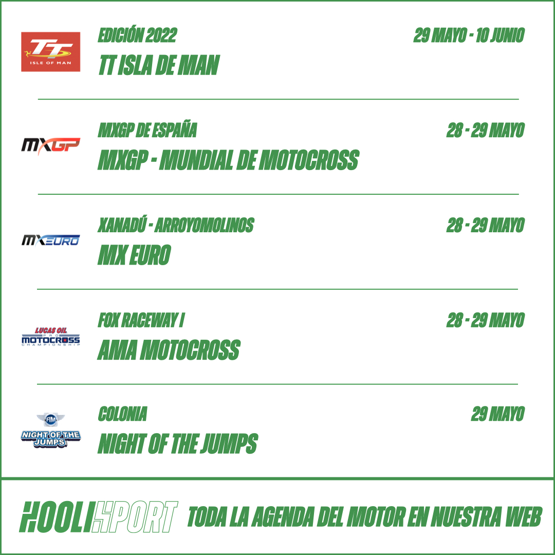 Hoolisport's tweet photo. 🏍🏁SEMANA DE MOTOCICLISMO 23-29 MAYO

#MotoGP #ItalianGP #Moto2 #Moto3 #MotoE #RedBullRookiesCup #IOMTT #TT2022 #IOMTT2022 #IOM2022 #MXGP #MXGPSpain #MXEuro #AMAMotocross #Nightofthejumps #SpeedwayGP #MiniGPSpain https://t.co/LjgirxVvsc