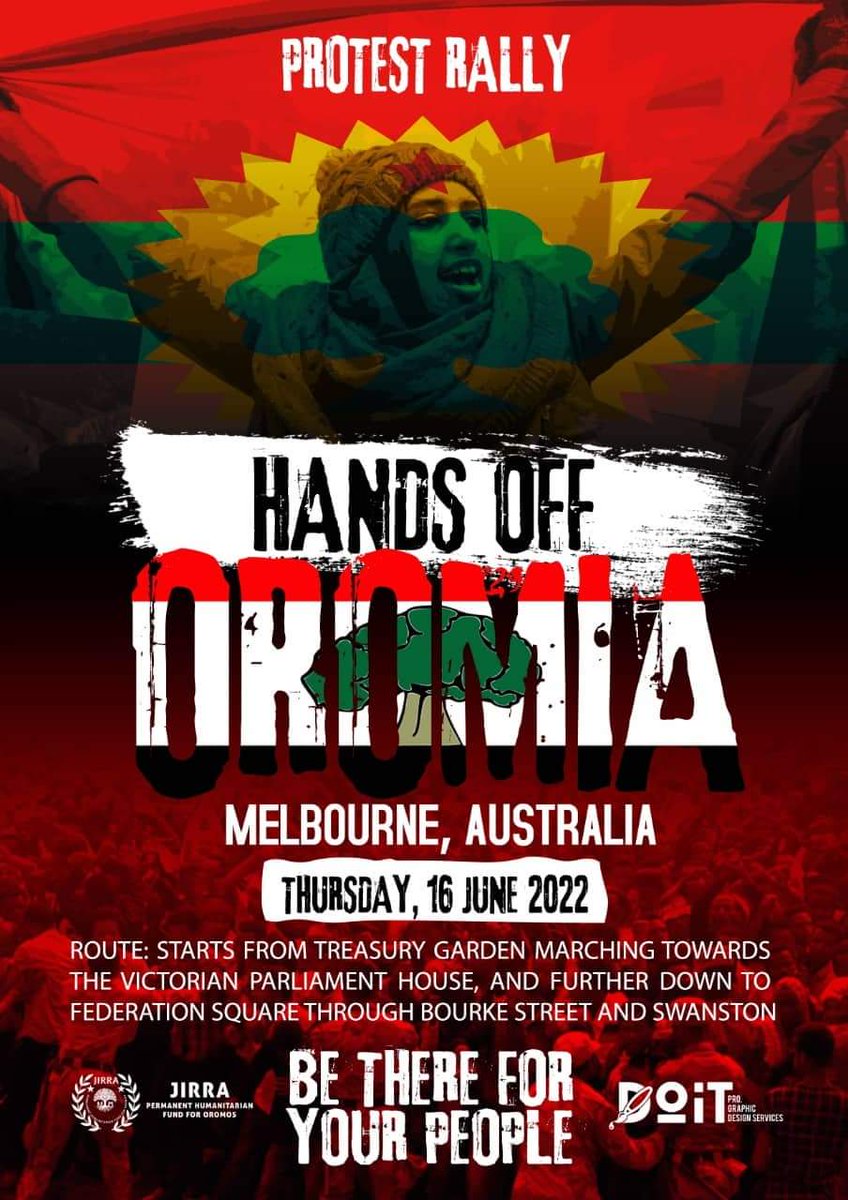RArarssa's tweet photo. Hiriira Nagaa Oromoota magaalaa Melbourne, #JIRRA
Thursday,16 June 2022, 9:00am-3:00 pm.
Bakka Jalqabaa: Treasury Garden, Melbourne.
Lola waraanaa Oromiyaa irratti labsame balaaleffanaa. Rakkina mirgaa fi gargaarsa namoomaa uumamaa jiru ibsina. Rakkataa keenya wajjin dhaabbanna! https://t.co/9IJSYHDbrU
