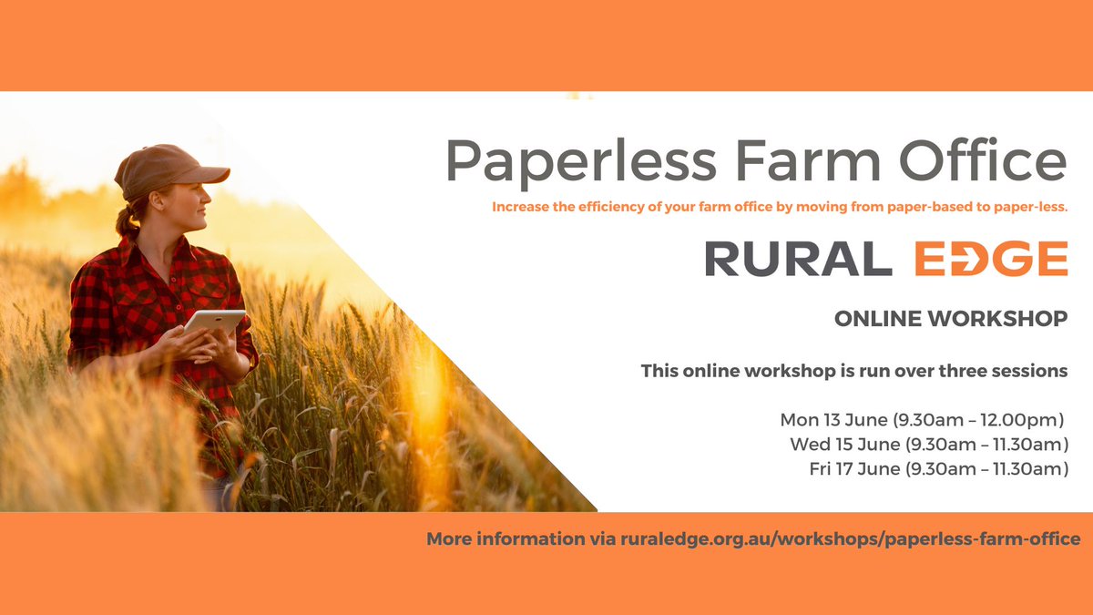 Let's give your farm office a tidy!

Our popular Paperless Farm Office workshop will run ONLINE this June! 

Delivered over three morning sessions.

ruraledge.org.au/workshops/pape… 
#agchat #wafarming #australianfarmers #farmsafety #farming