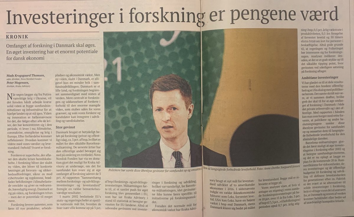 jsWinkel's tweet photo. Hvis Danmark øger sine investeringer i #forskning med 10 pct, vil BNP stige med 0,5 pct årligt, skriver Mads Krogsgaard Thomsen fra ⁦@novonordiskfond⁩ og ⁦@Peter_Mogensen⁩ https://t.co/rt8akT37YG