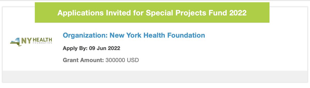 #funding 
New York Health Foundation is inviting applications for Special Projects Fund 2022. Projects Eligible for Funding should include, a clear articulation of need and a focus on vulnerable populations. 
Deadline : 09 Jun 2022
Apply: bit.ly/38EFXVn