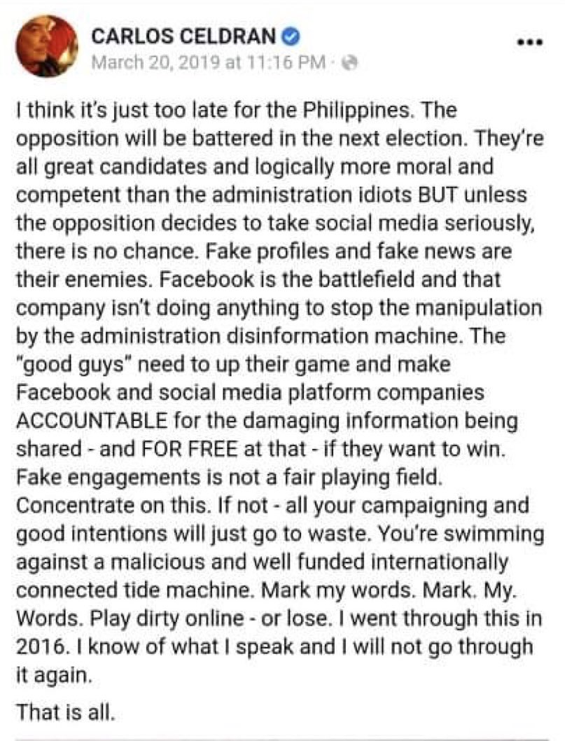 ceebee_em's tweet photo. “Play dirty online, or lose” - Carlos Celdran, 2019.

All he said back then was true. And it happened. Pure intentions and playing fair are admirable but Philippine politics eat people who play fake and with good intentions.

There are times we need to fight fire with fire. https://t.co/aIf8mVLJW2