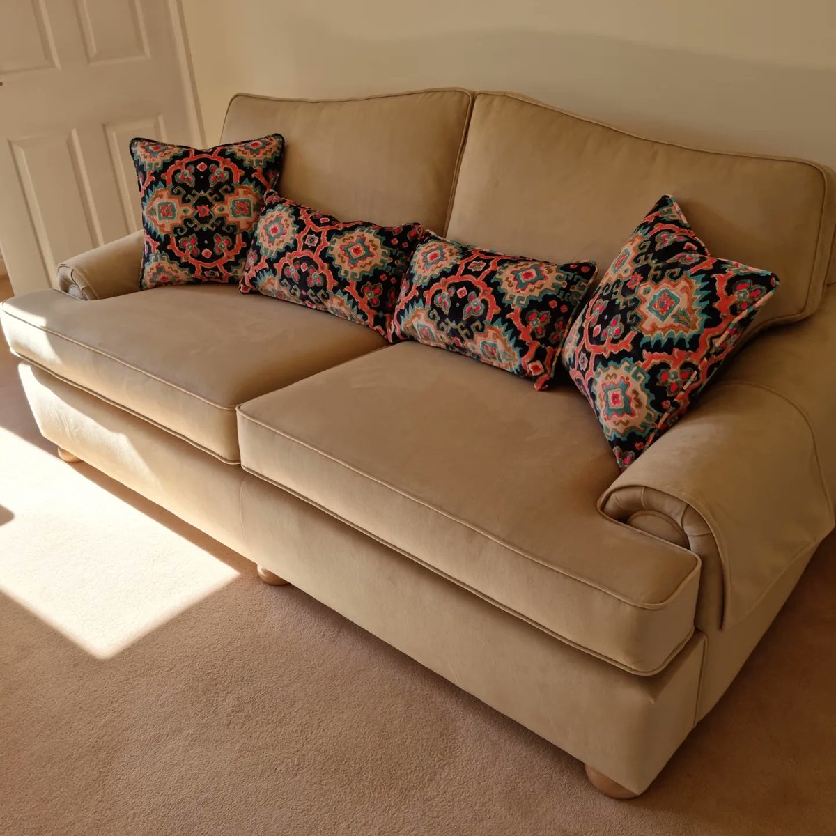 Sofa and two chairs reupholstered in linwood Kami fabric and warwick plush velvet fabric