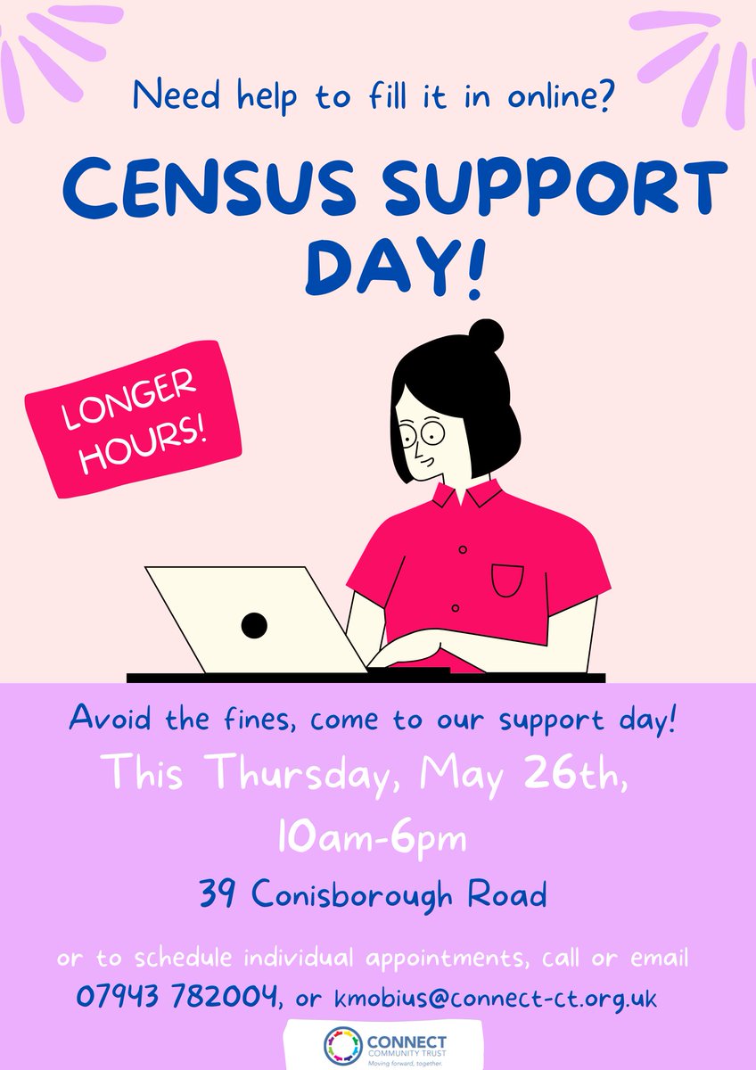 CCT_Digital's tweet image. If you know anyone needing support to fill in the Census before the deadline next week, refer them to us! 
Aside from Tuesday sessions 1:30-3:30pm at Wellhouse, we are also running an extra long Census Support Day on Thursday, 10am-6pm, at the Connie. Please share! @TrustConnect