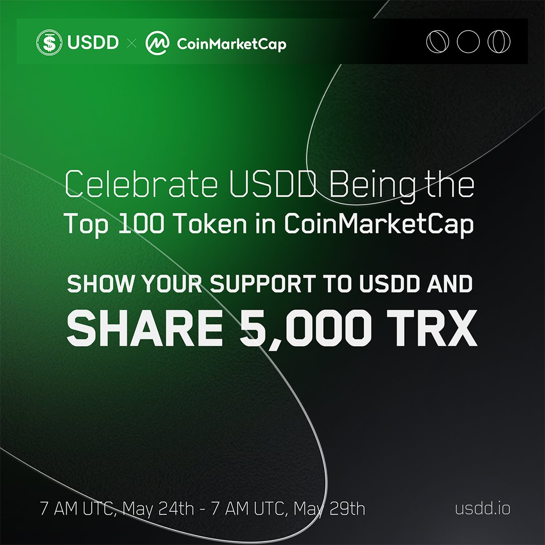 🎊#USDD became the Top 100 token in <a href="/CoinMarketCap/">CoinMarketCap</a>!Thanks to #USDD community for your support and love❤️ 

🙌Complete the tasks: bit.ly/3a6Ci2L
🤑100 lucky winners &amp; 3 top winners will share 5,000 $TRX

⏰7 AM UTC, May 24th - 7 AM UTC, May 29th 

💪Keep #BUIDLing!