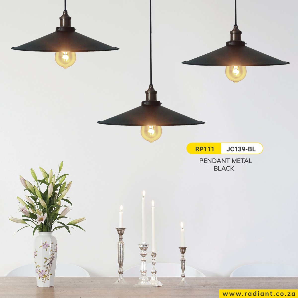These black metal pendants are a continuation of the industrial lighting trend. Pair with warm wooden accents, a neutral colour palette and organic textures for an inviting, contemporary look. Visit our website for more details: radiant.co.za/product/pendan…
